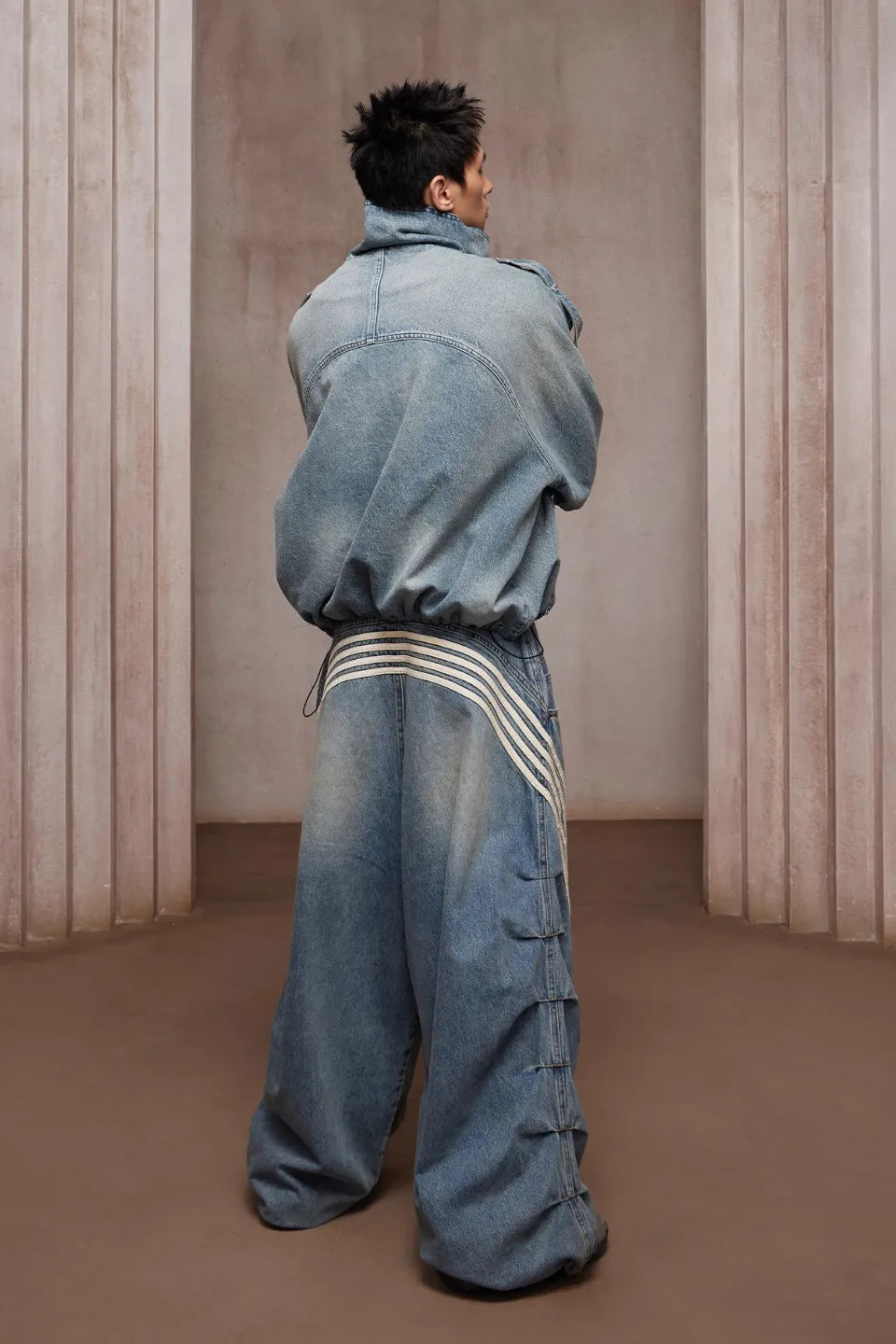 Duty Washed Distressed Double Breasted Short Wide Denim Jacket