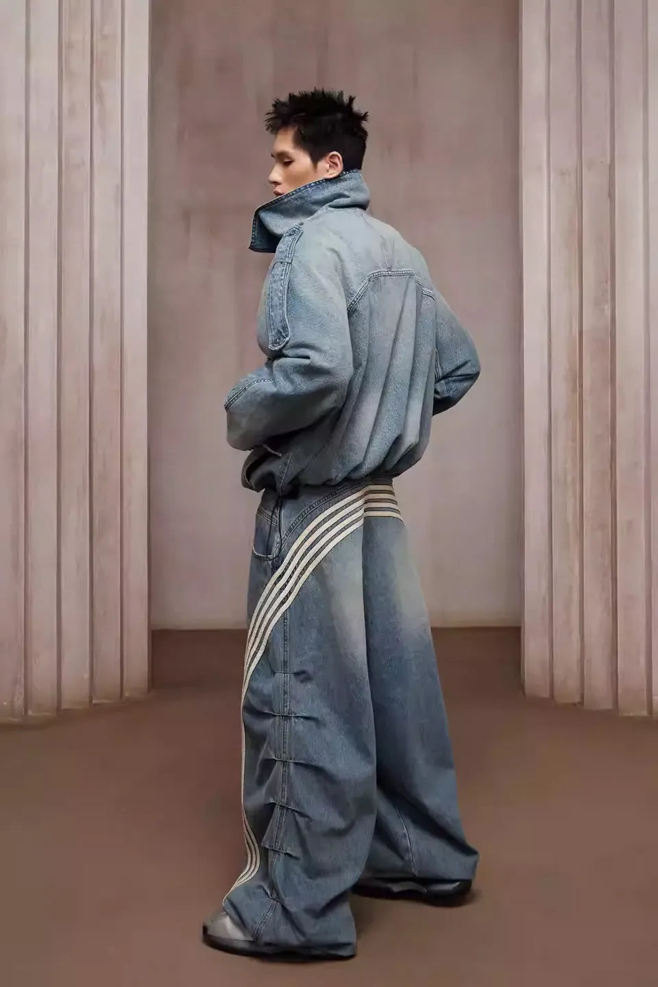 Duty Washed Distressed Double Breasted Short Wide Denim Jacket