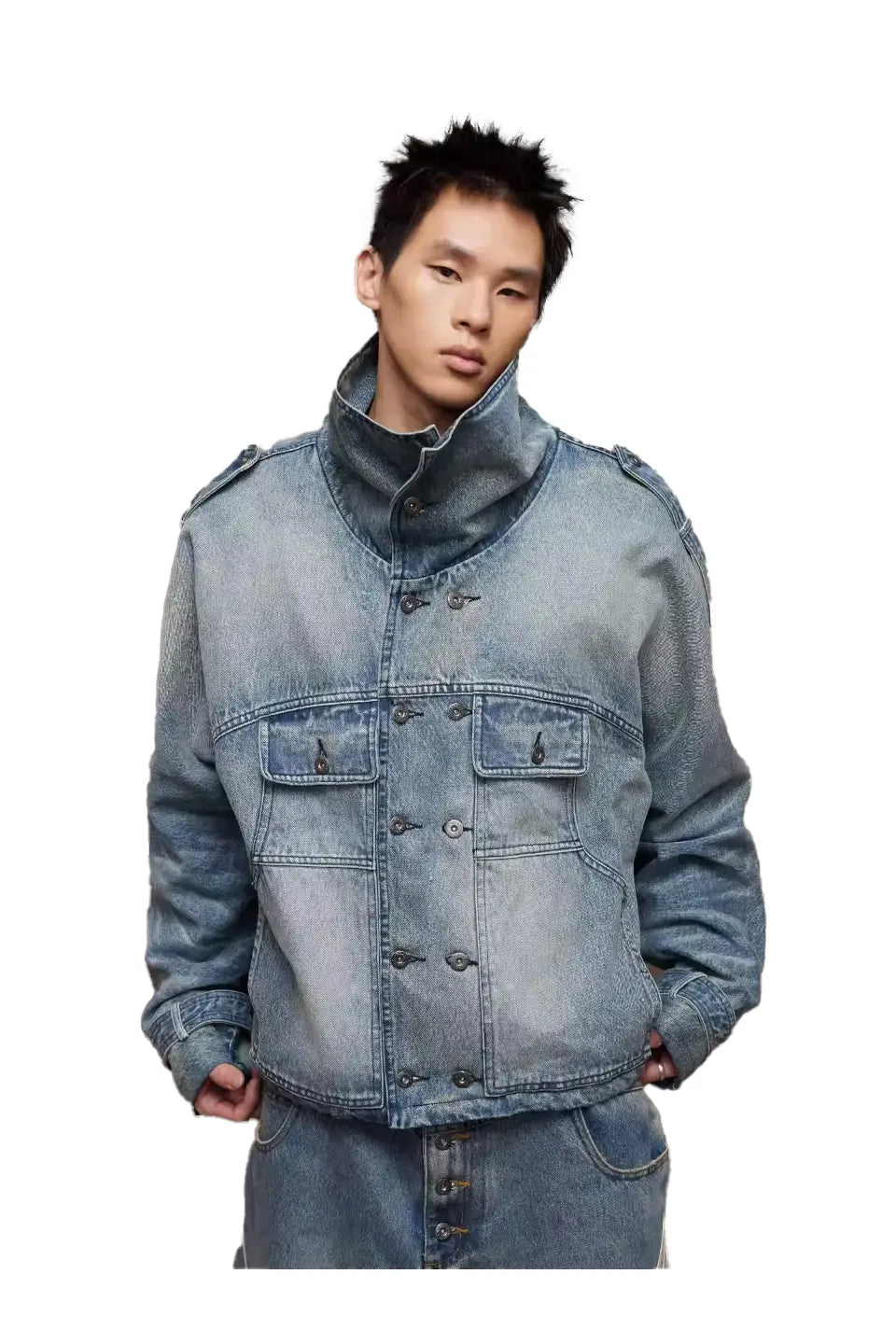 Duty Washed Distressed Double Breasted Short Wide Denim Jacket