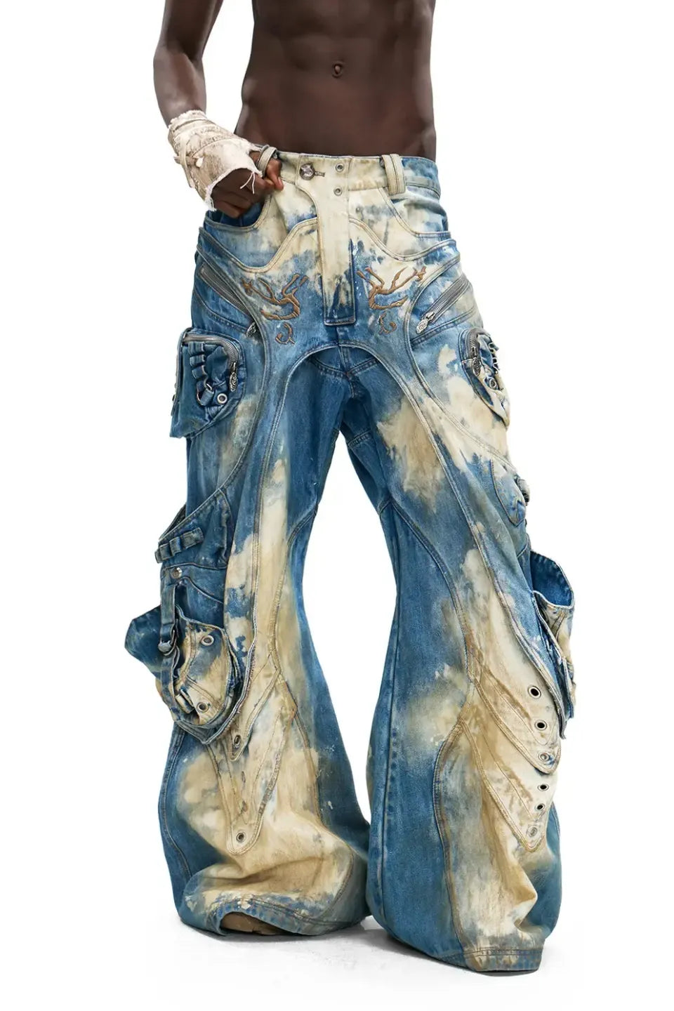 Embroidered Blue to White Gradient Denim Jeans