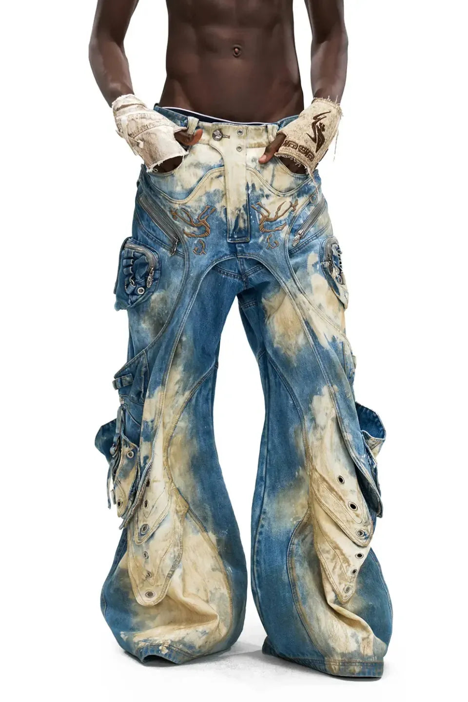 Embroidered Blue to White Gradient Denim Jeans
