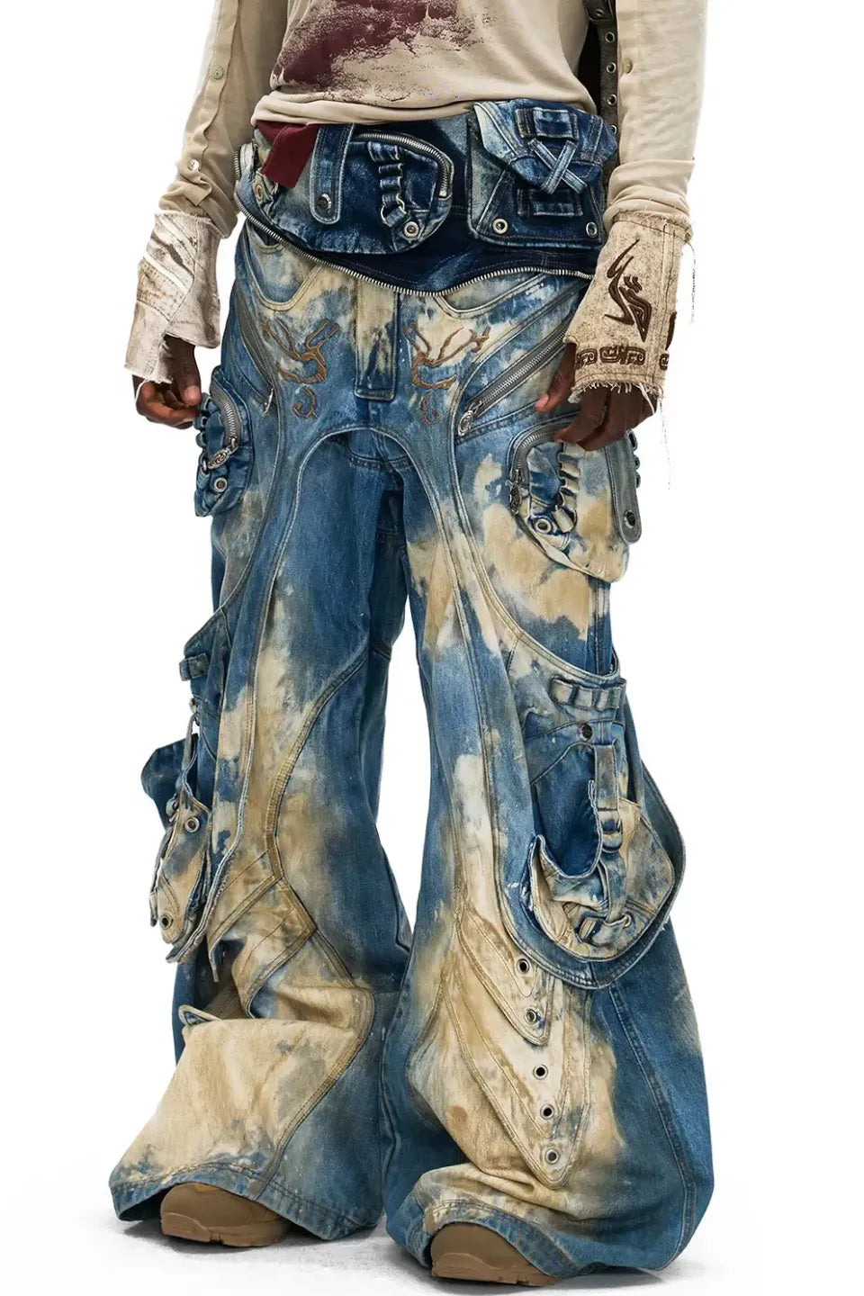 Embroidered Blue to White Gradient Denim Jeans