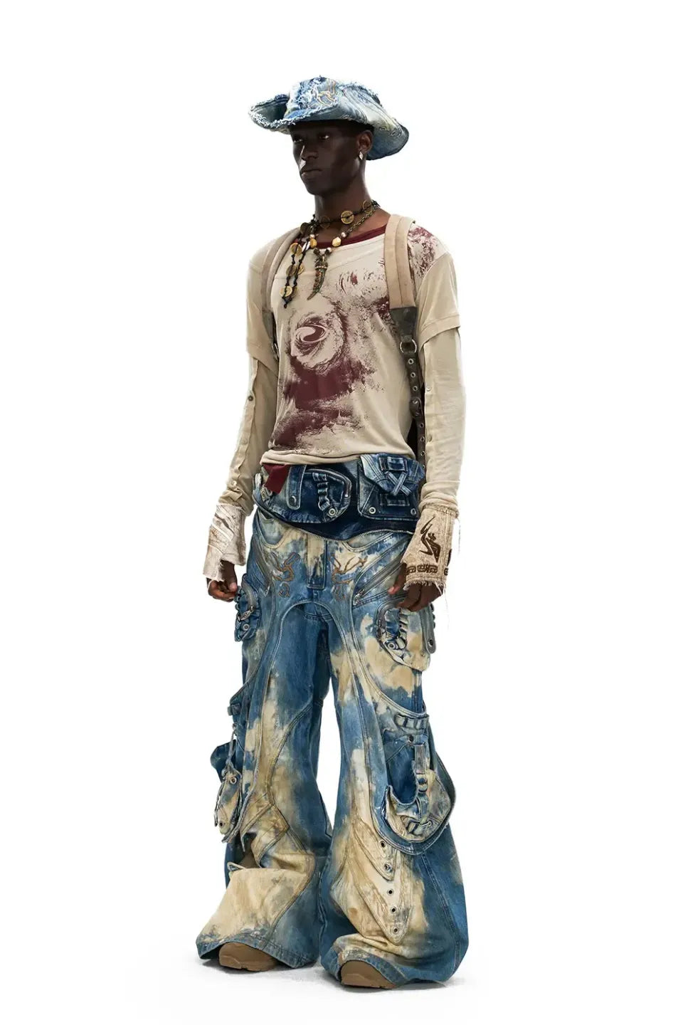 Embroidered Blue to White Gradient Denim Jeans
