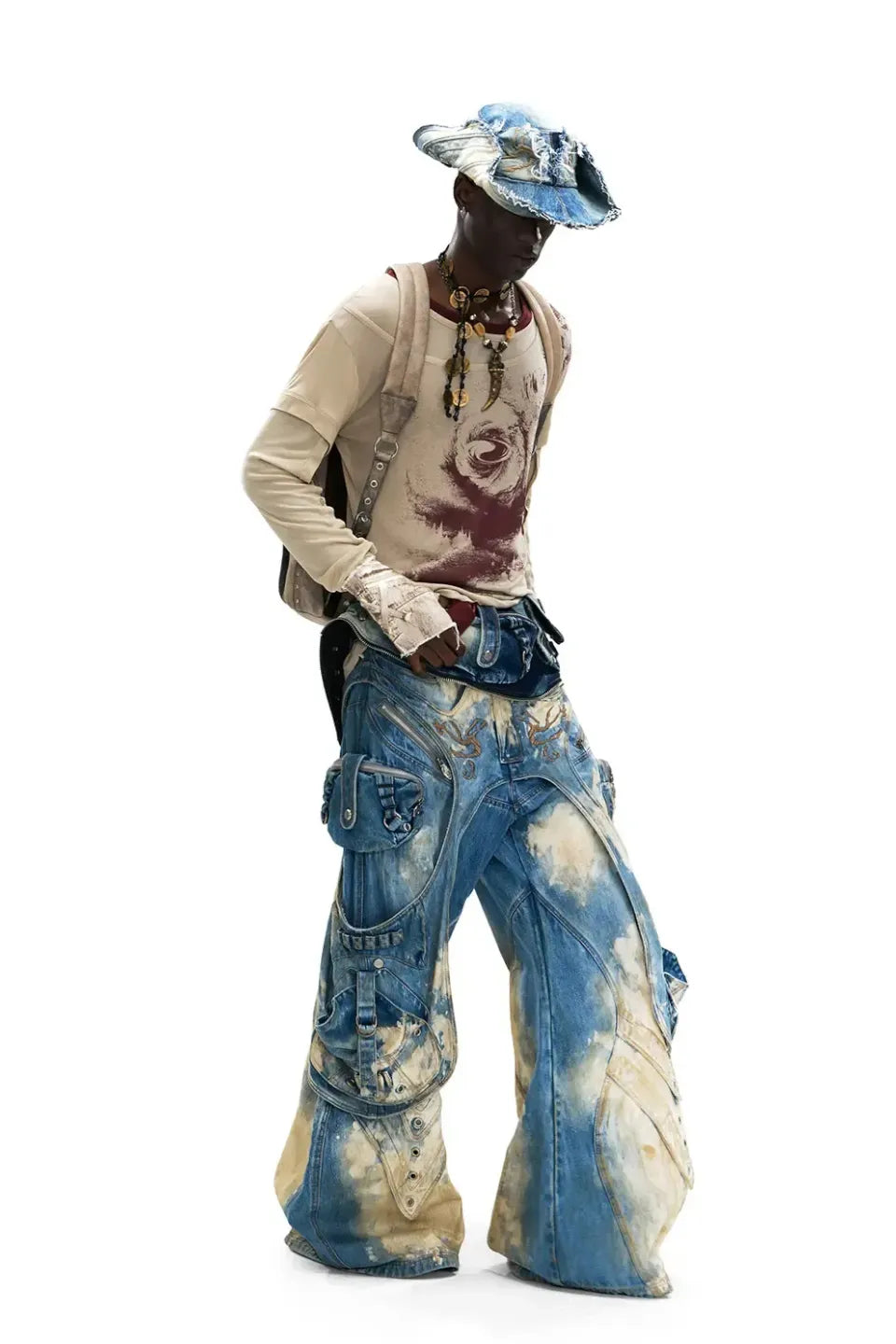 Embroidered Blue to White Gradient Denim Jeans
