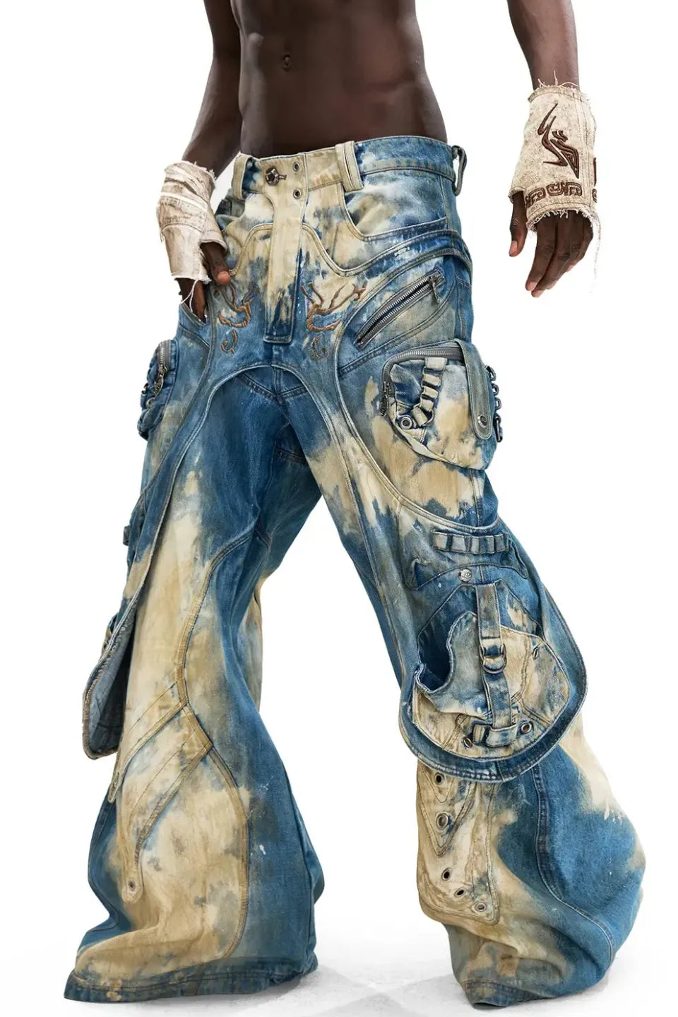 Embroidered Blue to White Gradient Denim Jeans