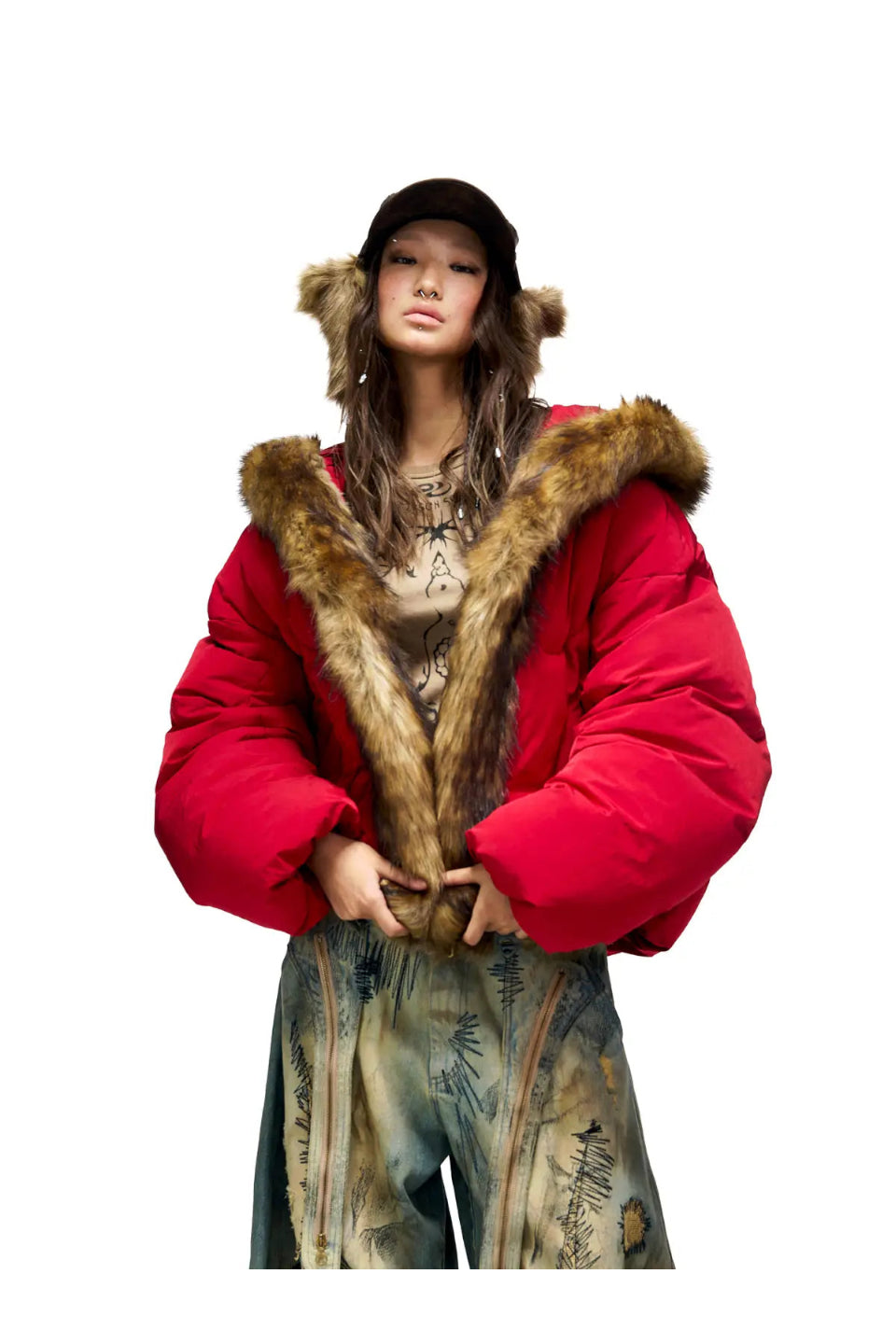 Embroidery Fur Collar Down Jacket