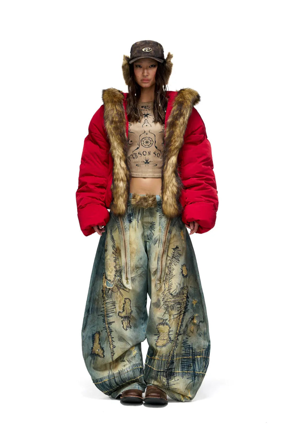 Embroidery Fur Collar Down Jacket