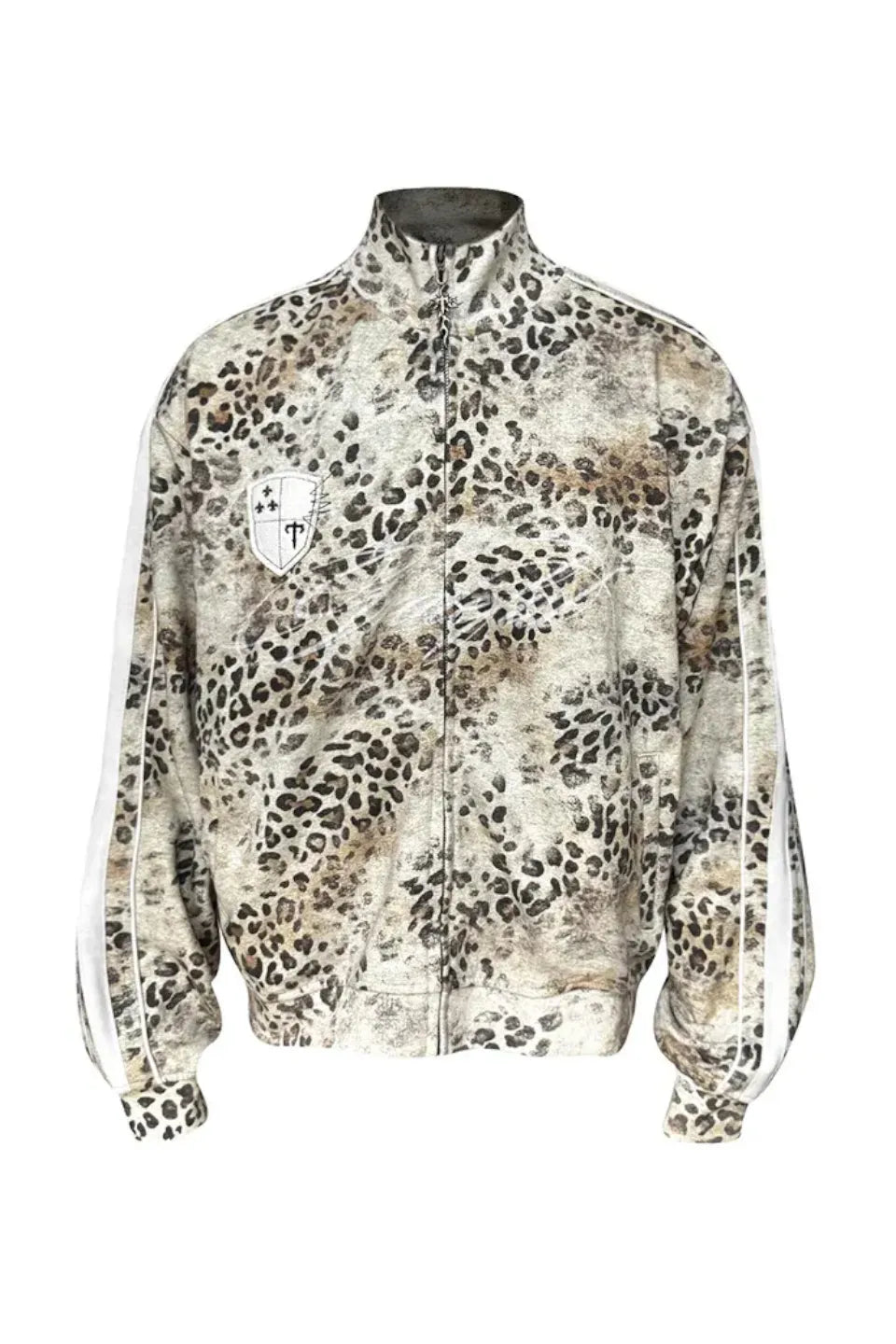 Faded Leopard Stand Collar Zip Sweat Jacket