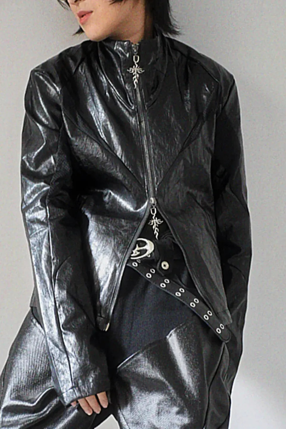 Faux Leather Mesh Panel Jacket