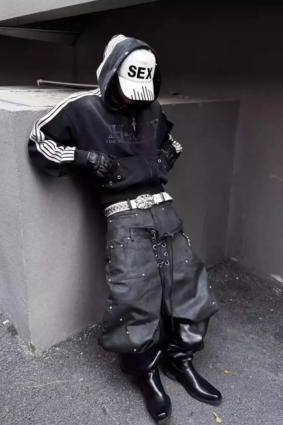 Five Webbing Stripes Distressed Wash and Zipper Cropped Hoodie