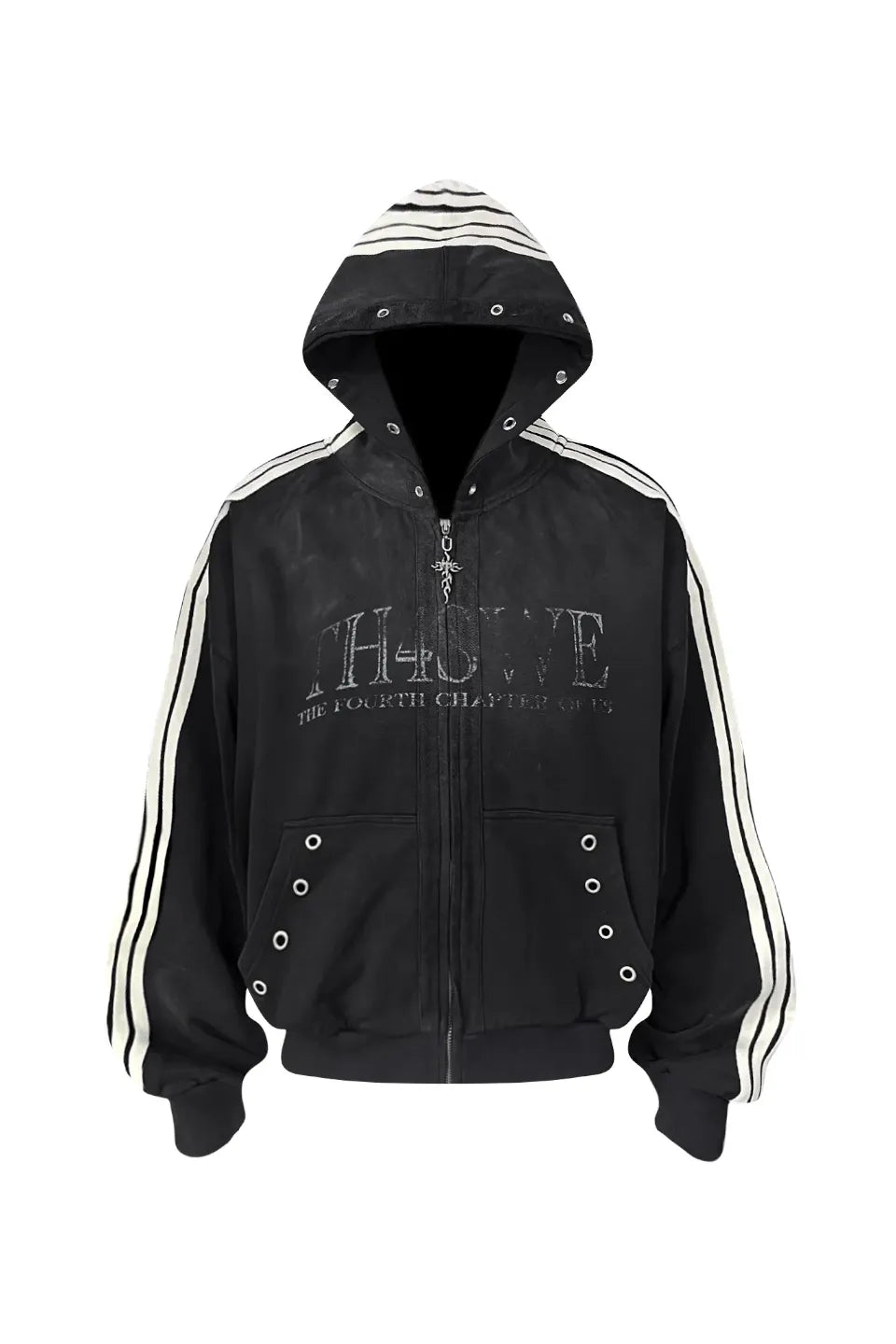 Five Webbing Stripes Distressed Wash and Zipper Cropped Hoodie