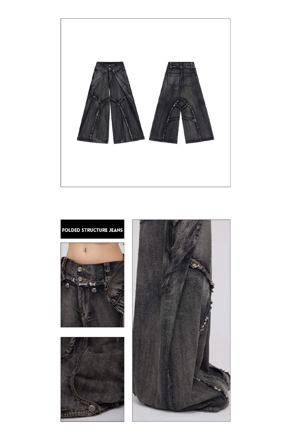 Folded Structure Raw Edges Baggy Jeans