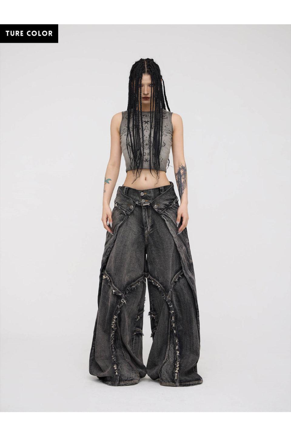 Folded Structure Raw Edges Baggy Jeans