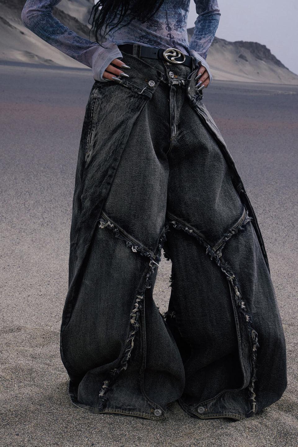 Folded Structure Raw Edges Baggy Jeans