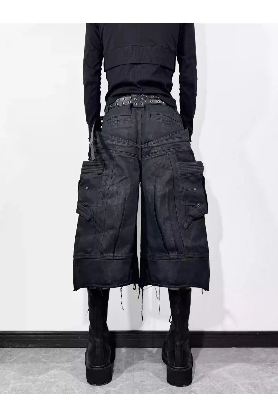 Frayed Hem Metallic Sheen Shorts with Structural Stitching