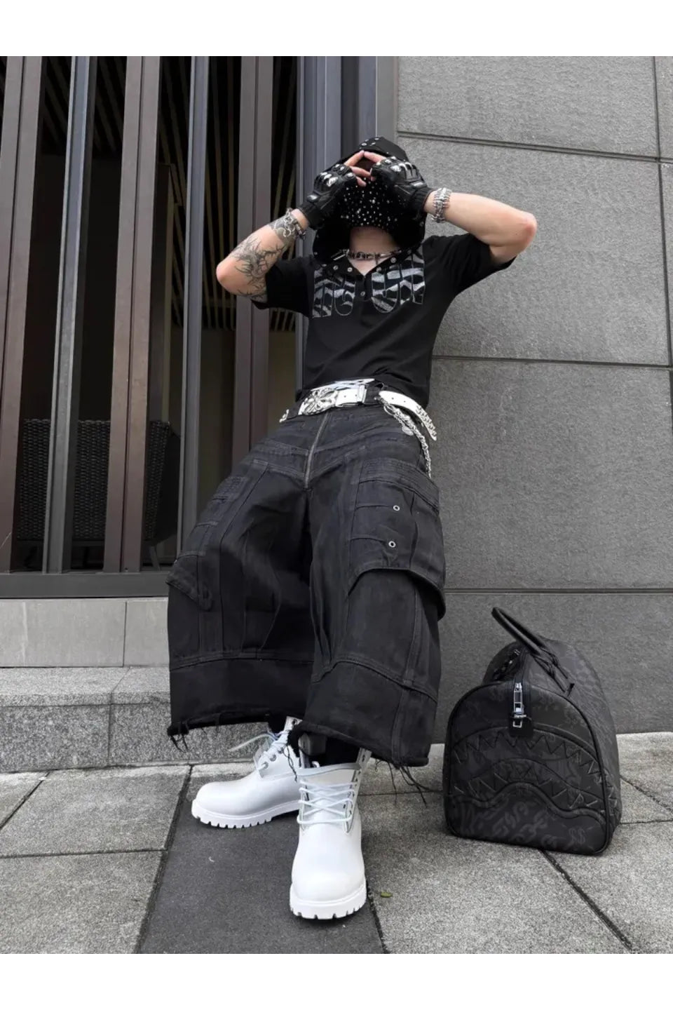 Frayed Hem Metallic Sheen Shorts with Structural Stitching