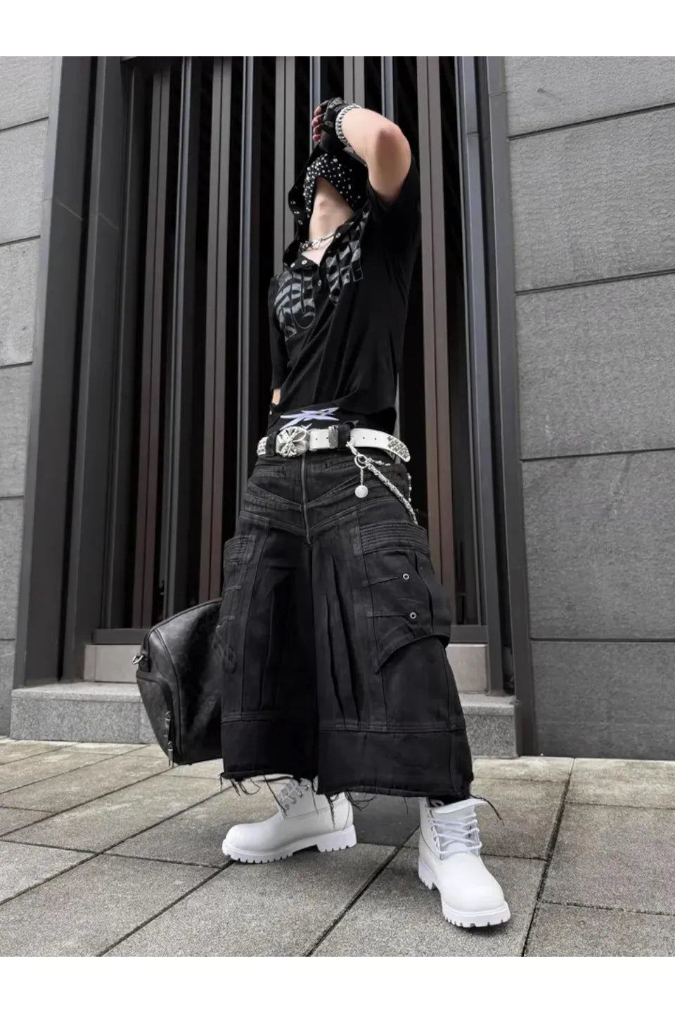 Frayed Hem Metallic Sheen Shorts with Structural Stitching