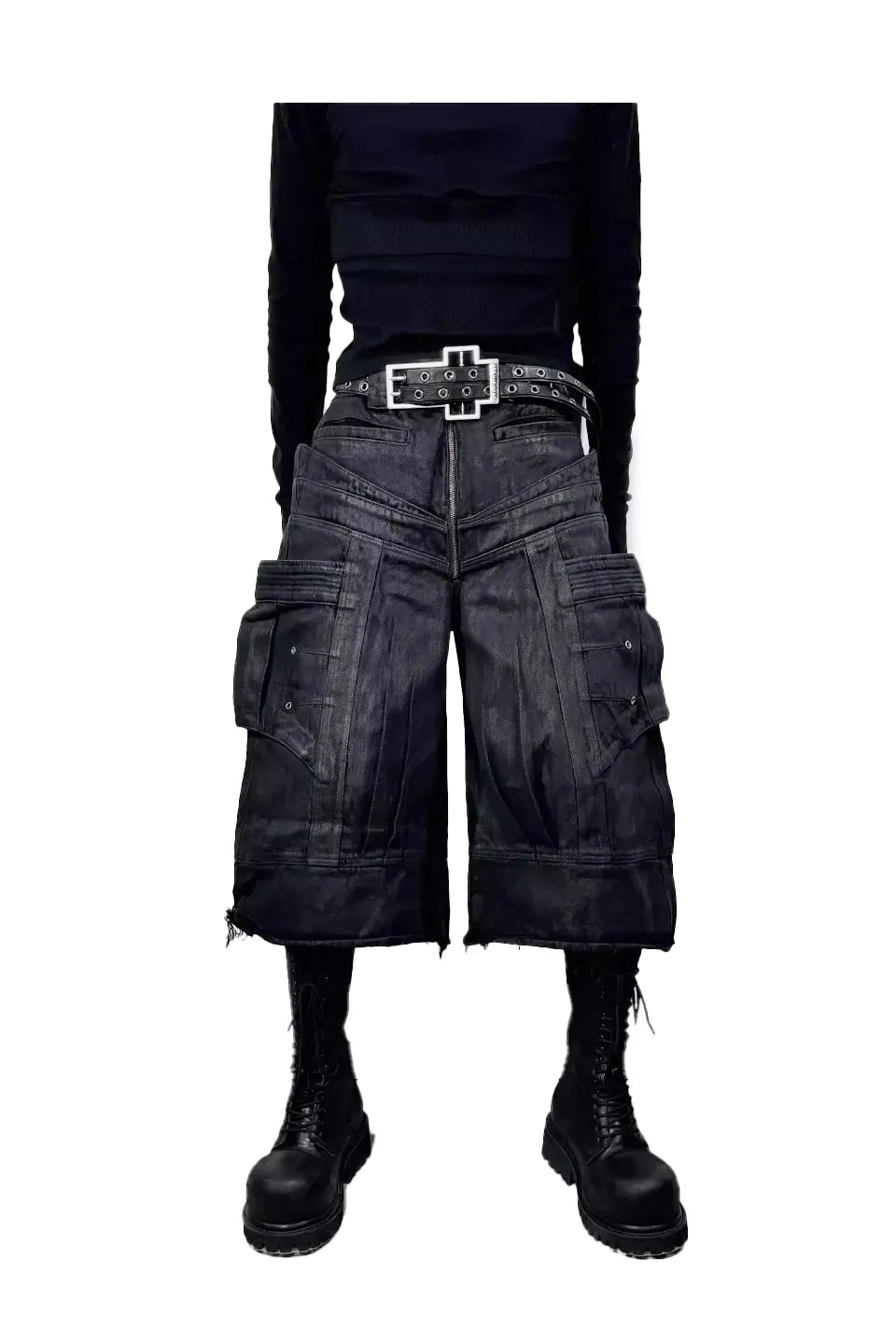 Frayed Hem Metallic Sheen Shorts with Structural Stitching