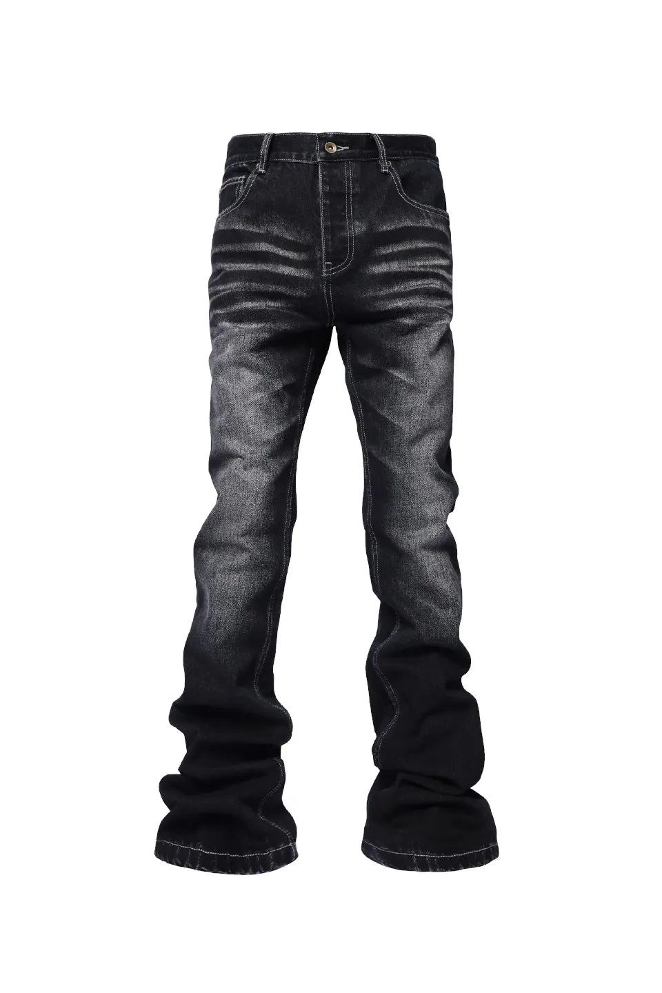 GROUPMAREK Ghost Scratch Washed Black Jeans - 全面に不規則な白いスクラッチ加工が施されたウォッシュブラックデニム正面