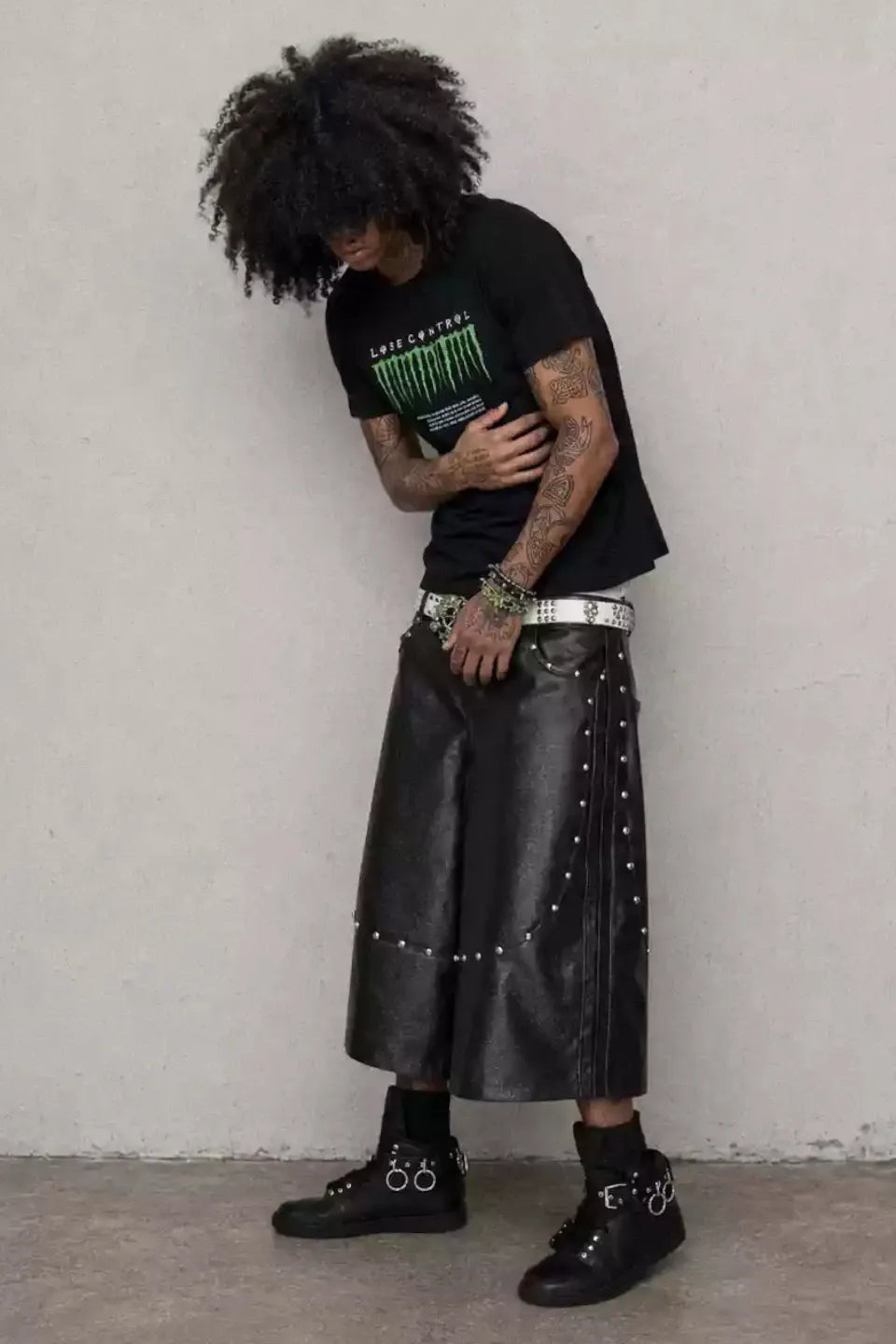 Glittering PU Studded Cropped Pants