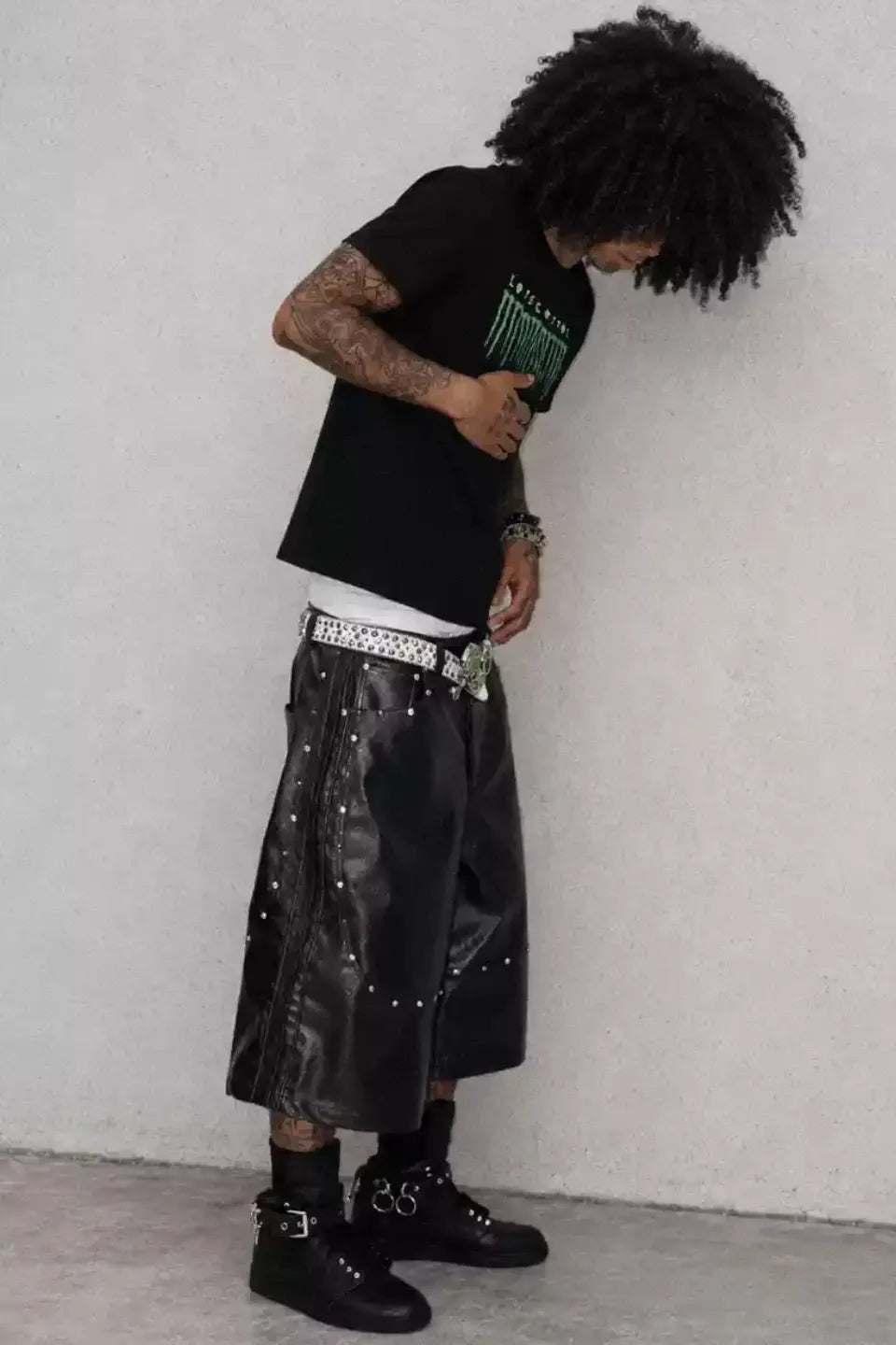 Glittering PU Studded Cropped Pants
