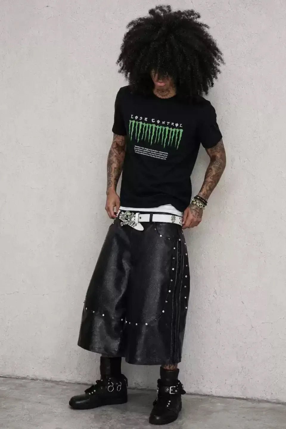 Glittering PU Studded Cropped Pants