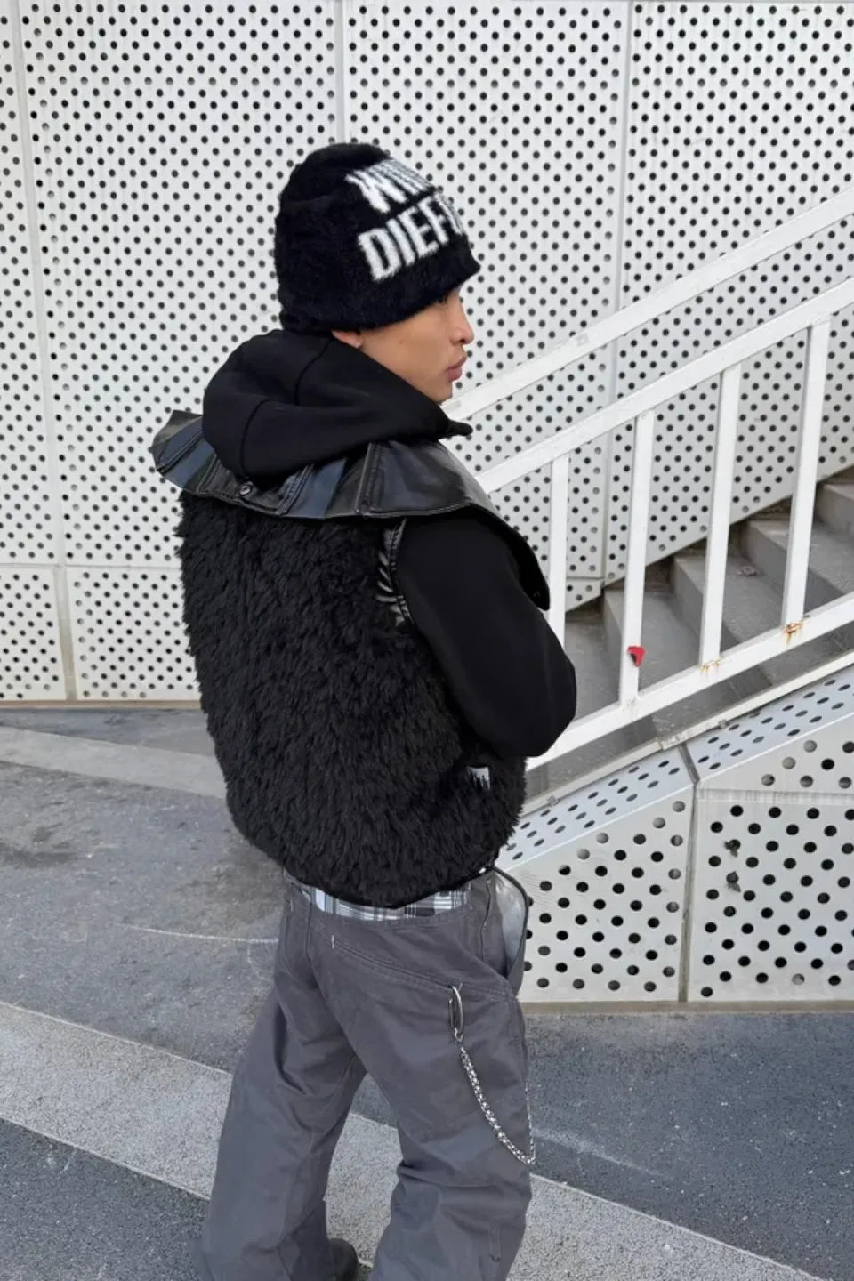 Glossy Stand Up Collar Vest with Zipper and Fur Collar