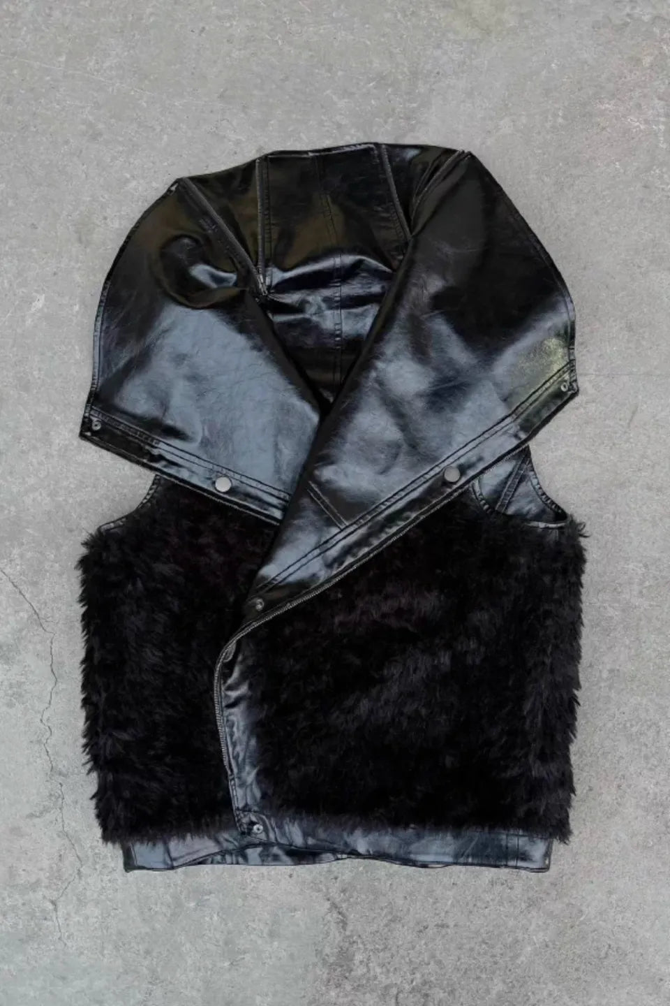 Glossy Stand Up Collar Vest with Zipper and Fur Collar