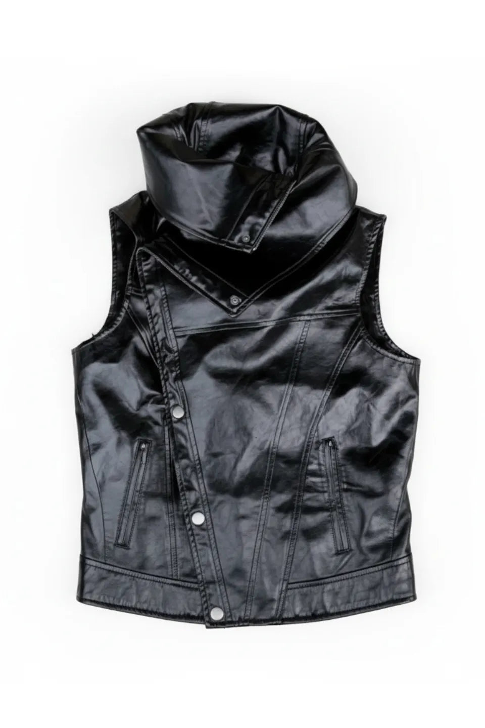 Glossy Stand Up Collar Vest with Zipper and Fur Collar