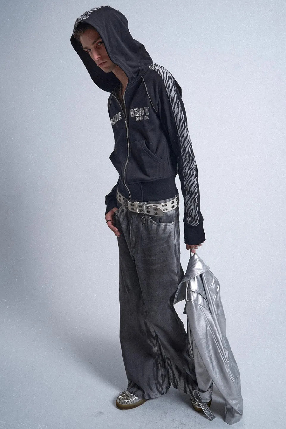 Gradient Tiger Washed Digital Print Wide Leg Bootcut Black and Grey Jeans