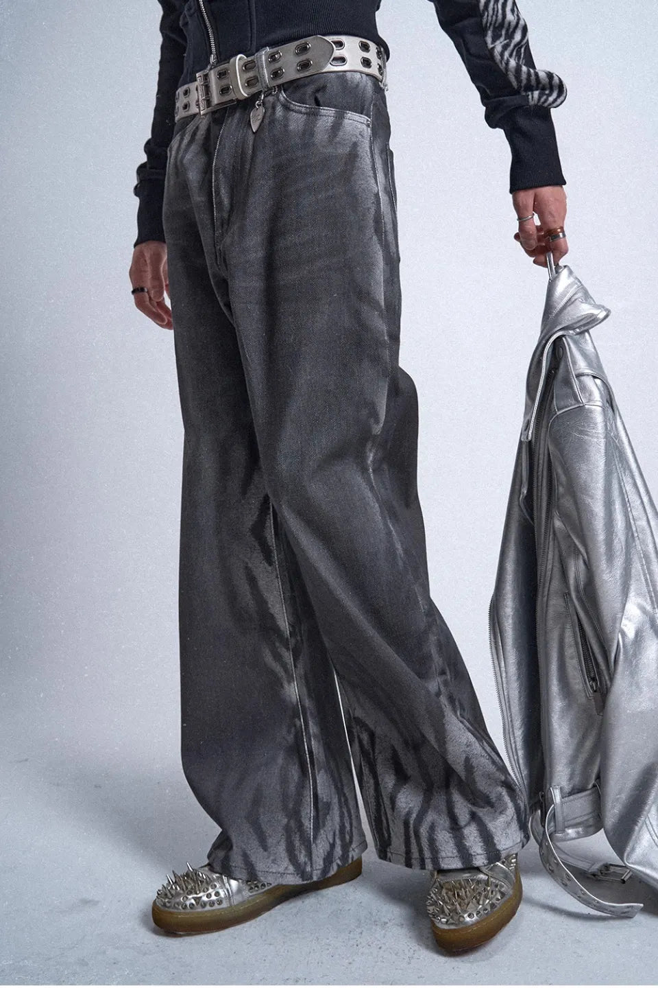 Gradient Tiger Washed Digital Print Wide Leg Bootcut Black and Grey Jeans