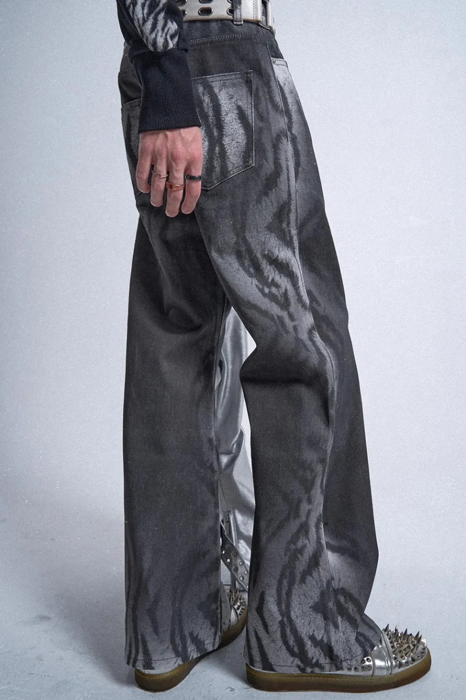 Gradient Tiger Washed Digital Print Wide Leg Bootcut Black and Grey Jeans