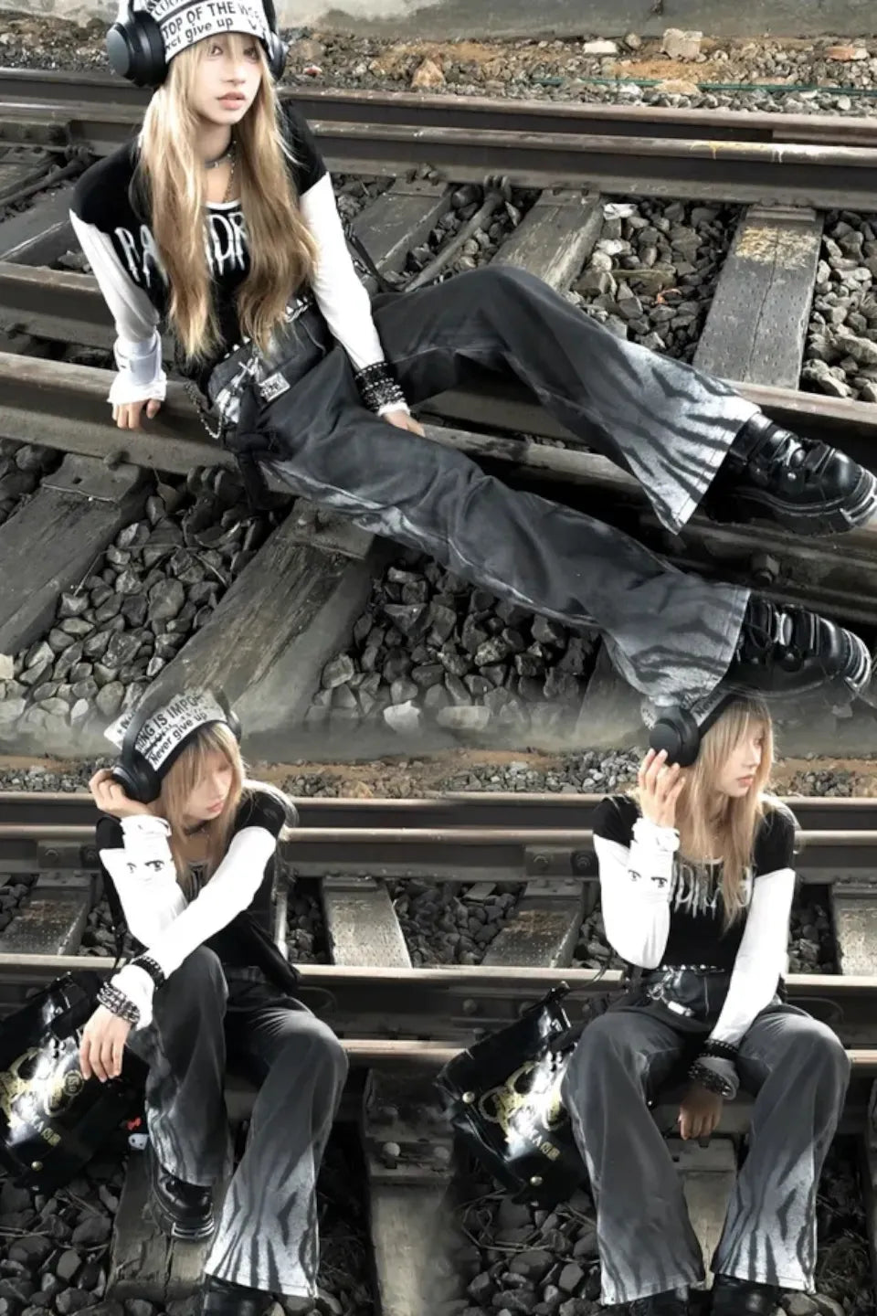 Gradient Tiger Washed Digital Print Wide Leg Bootcut Black and Grey Jeans