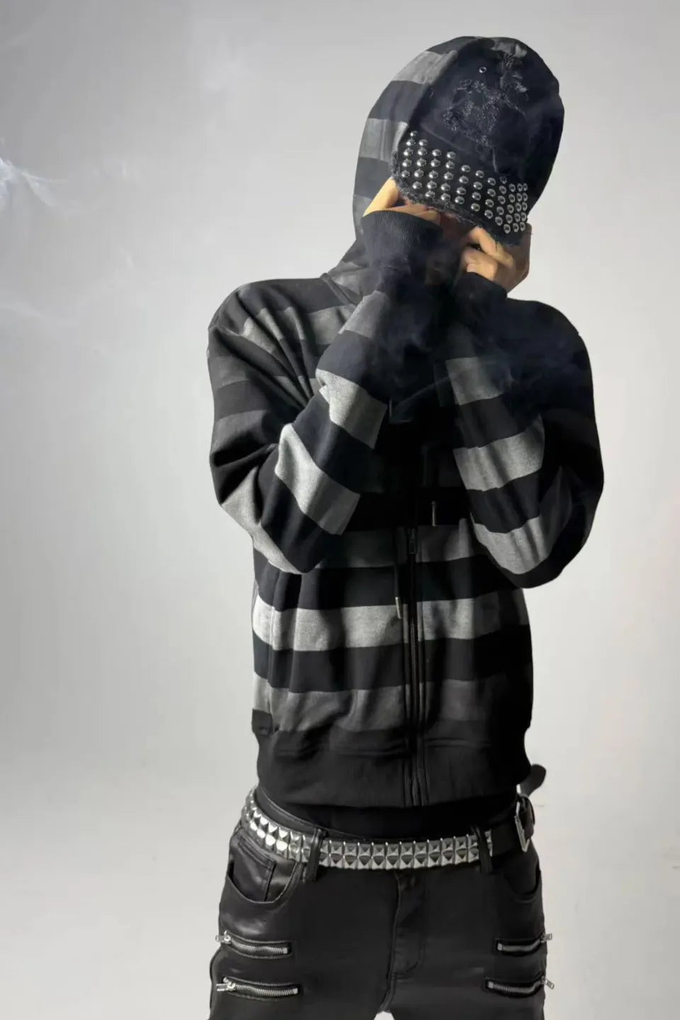 Gradient Striped Dirt Splatter Distressed Zip Hoodie