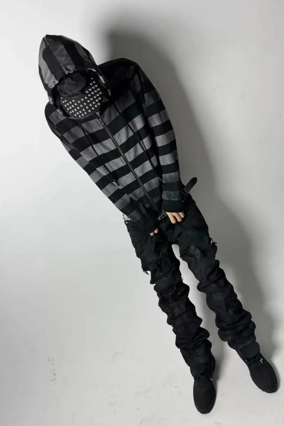 Gradient Striped Dirt Splatter Distressed Zip Hoodie
