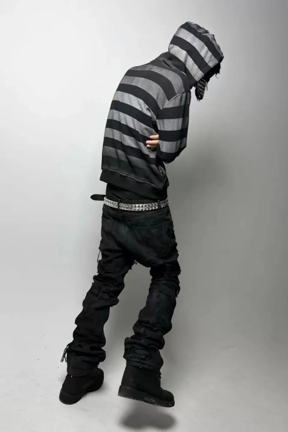 Gradient Striped Dirt Splatter Distressed Zip Hoodie