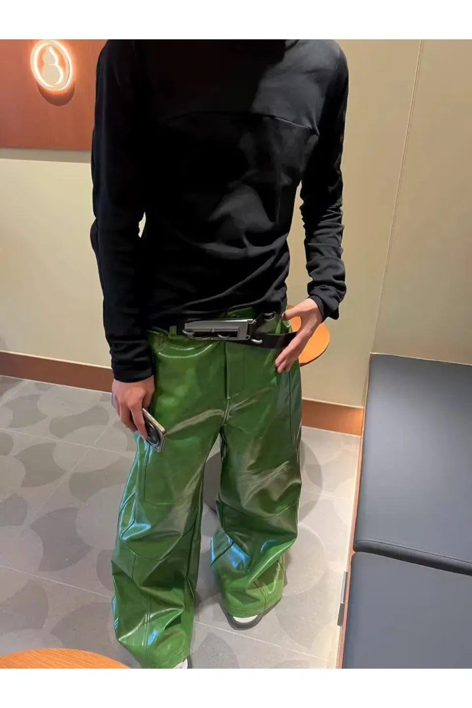 Green Liquid Leather Wide Leg Pants