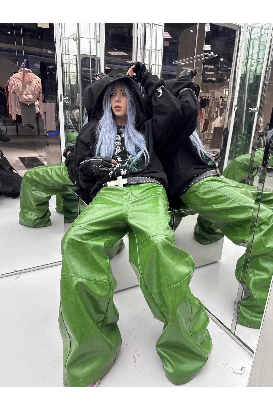 Green Liquid Leather Wide Leg Pants