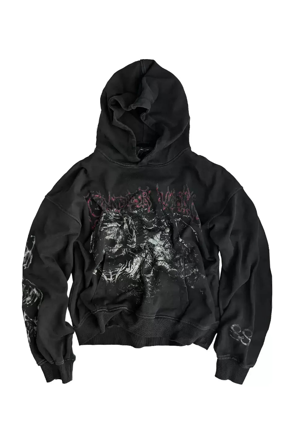 Green Demon Rune Seam Print Enzyme Washed Hoodie