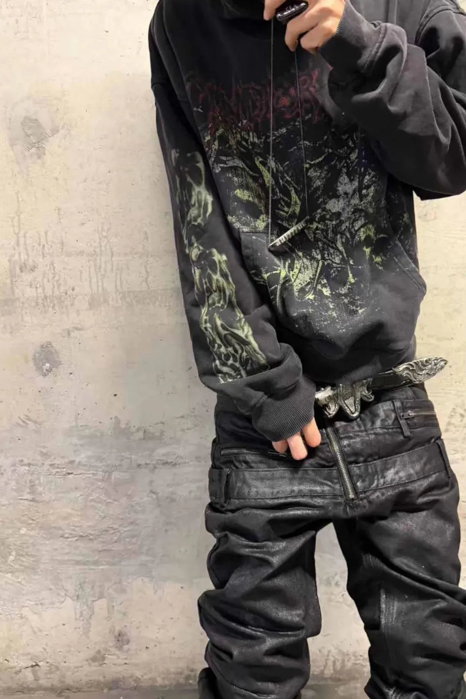 Green Demon Rune Seam Print Enzyme Washed Hoodie