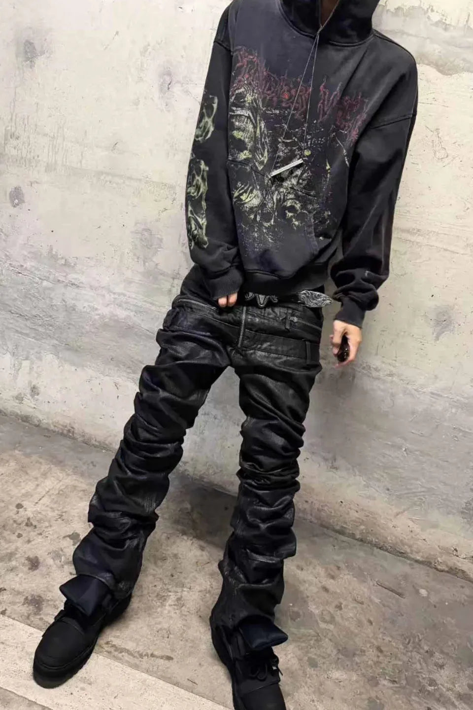 Green Demon Rune Seam Print Enzyme Washed Hoodie