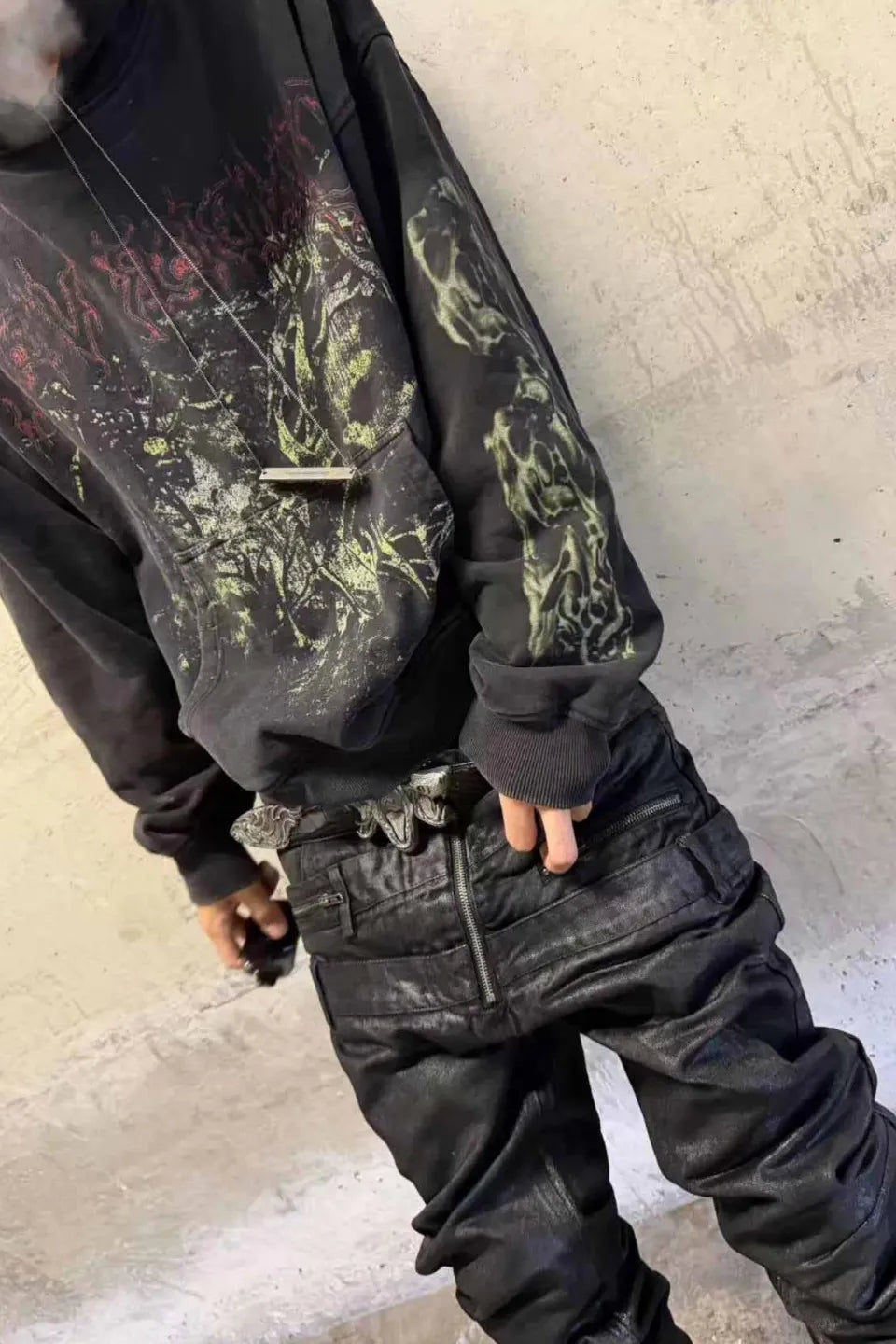 Green Demon Rune Seam Print Enzyme Washed Hoodie