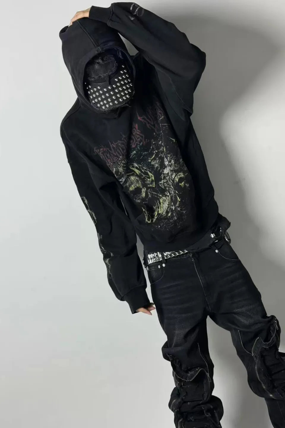 Green Demon Rune Seam Print Enzyme Washed Hoodie