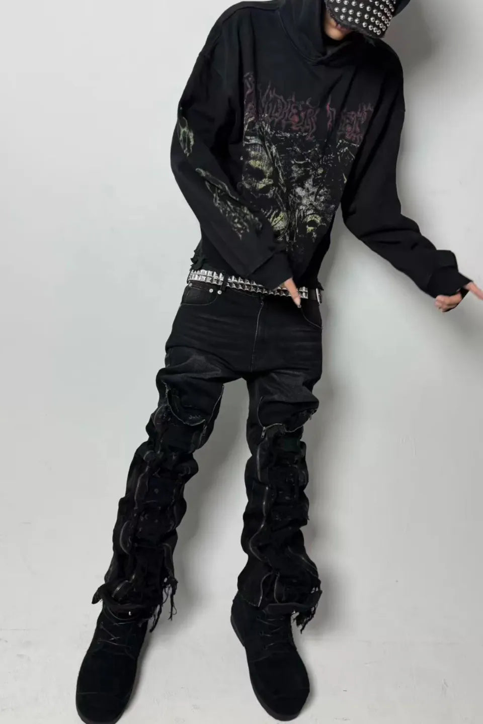 Green Demon Rune Seam Print Enzyme Washed Hoodie