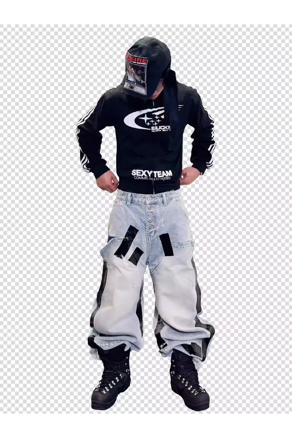 Heavily Distressed Duct Taped Washed Denim Jeans