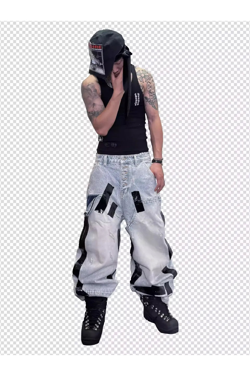 Heavily Distressed Duct Taped Washed Denim Jeans
