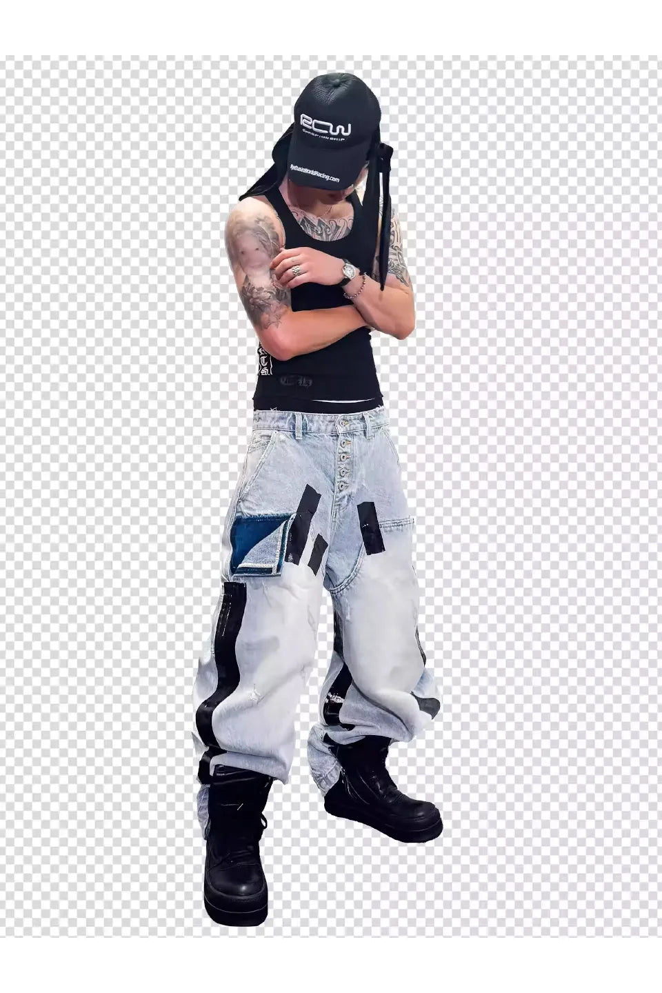 Heavily Distressed Duct Taped Washed Denim Jeans