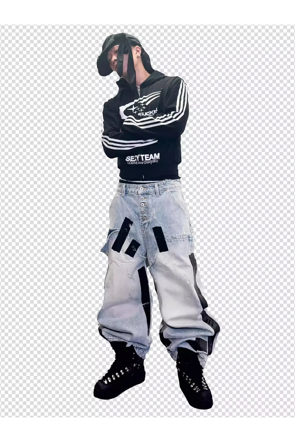Heavily Distressed Duct Taped Washed Denim Jeans