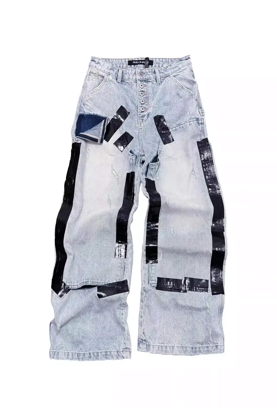 Heavily Distressed Duct Taped Washed Denim Jeans