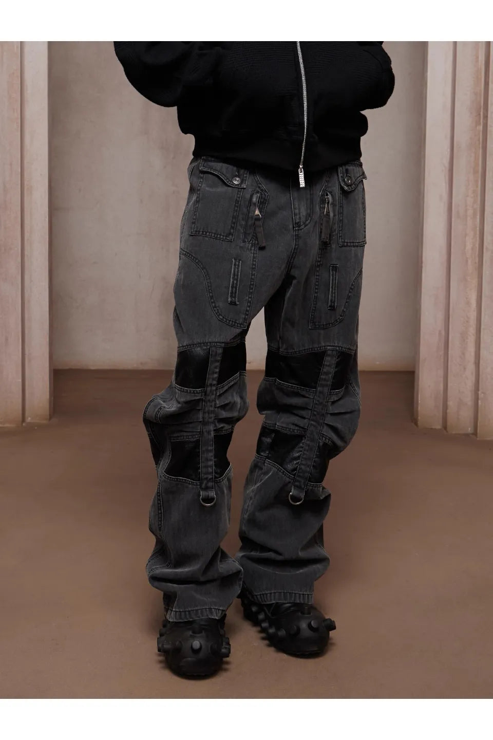 Heavy Duty Washed Patchwork Curved Multi Pocket Cargo Pants